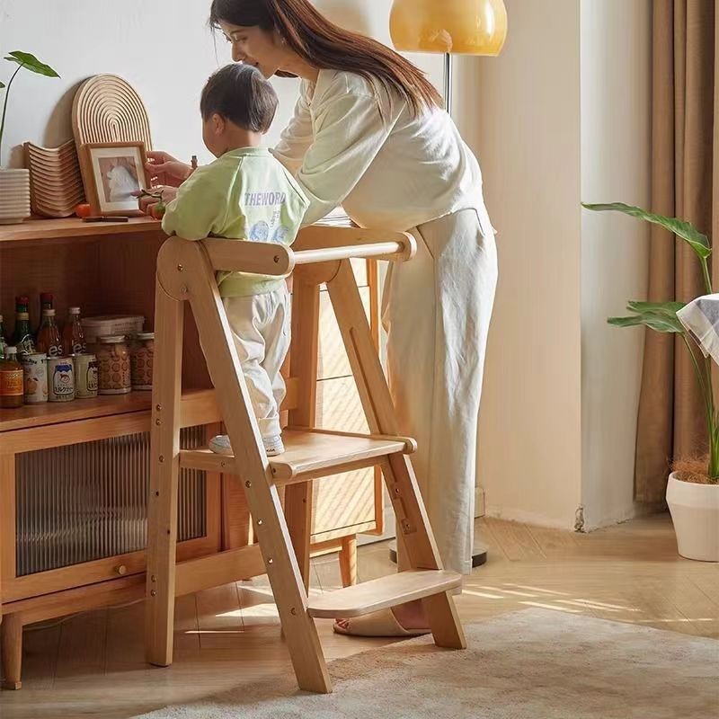 Toddler Learning Tower - 3高さの子供用木製踏み台、モンテッソーリスタイルの折りたたみ式トイレトレーナー、無垢材の滑り止めフットスツール学習タワー
