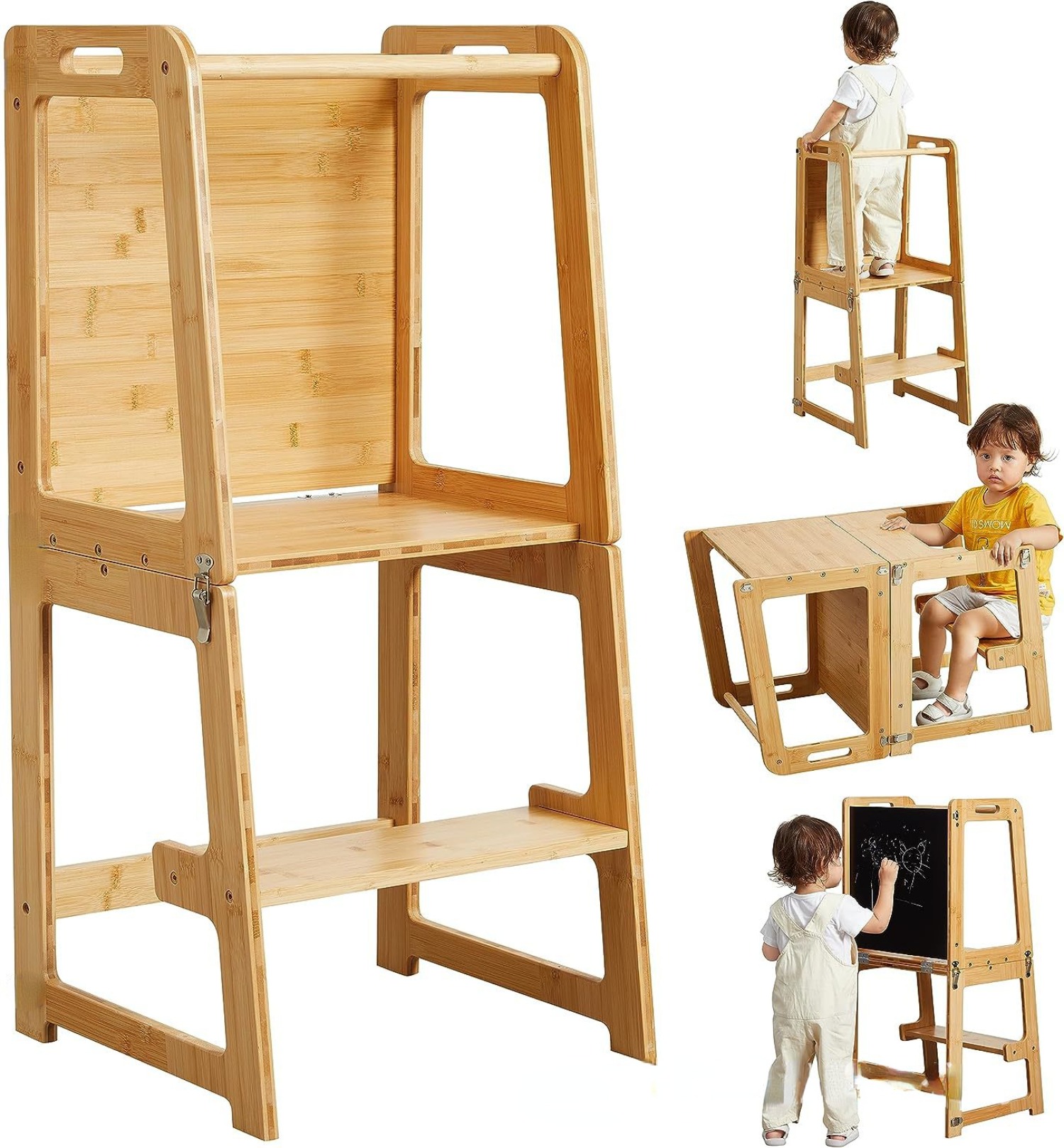 Toddler Learning Tower - 折りたたみ式幼児用キッチンタワー、安全柵付きベビーモンテッソーリキッチンヘルパー、子供用学習タワー調節可能なステップスツール