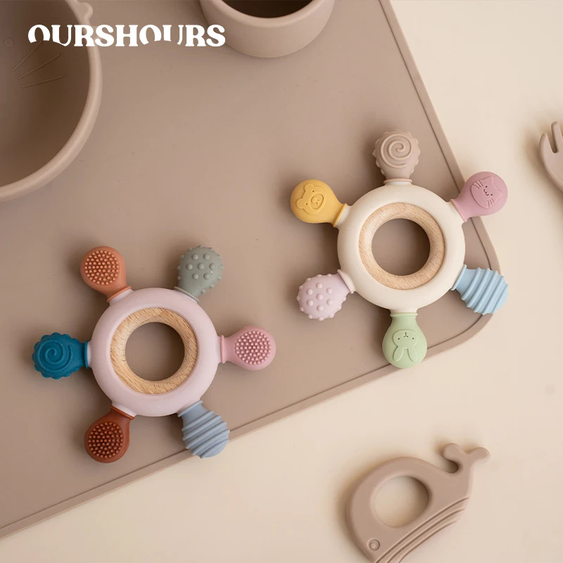 Baby Products Application - 1pc 食品グレードのベビーシリコーンおしゃぶり舵形木製リング歯が生えるおもちゃ BPA フリー幼児咀嚼授乳新生児ギフト