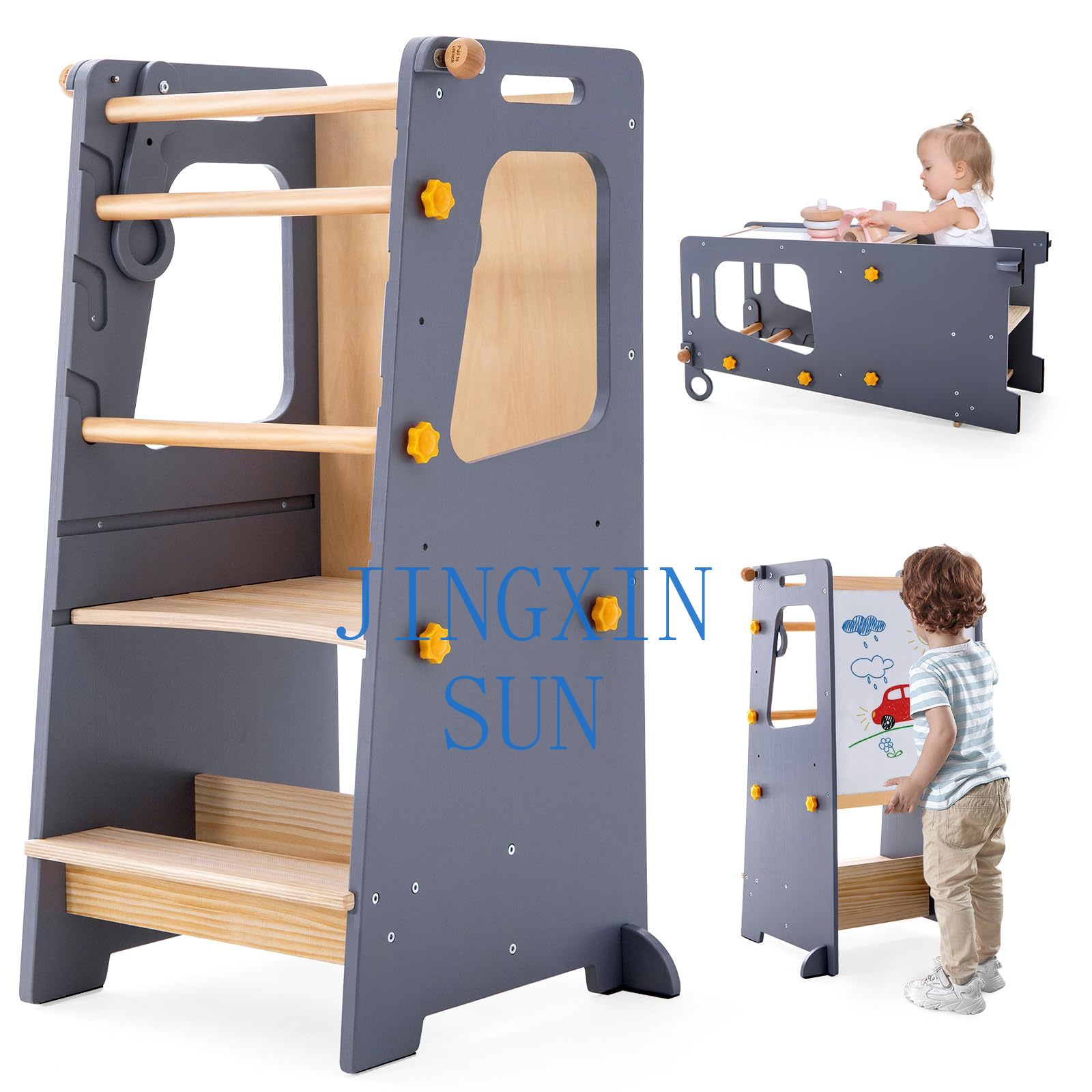 Toddler Learning Tower - 4 in 1幼児用キッチンタワー、モンテッソーリ幼児用木製学習タワー、カスタムスタンディングタワー（変換可能なテーブルと椅子付き）