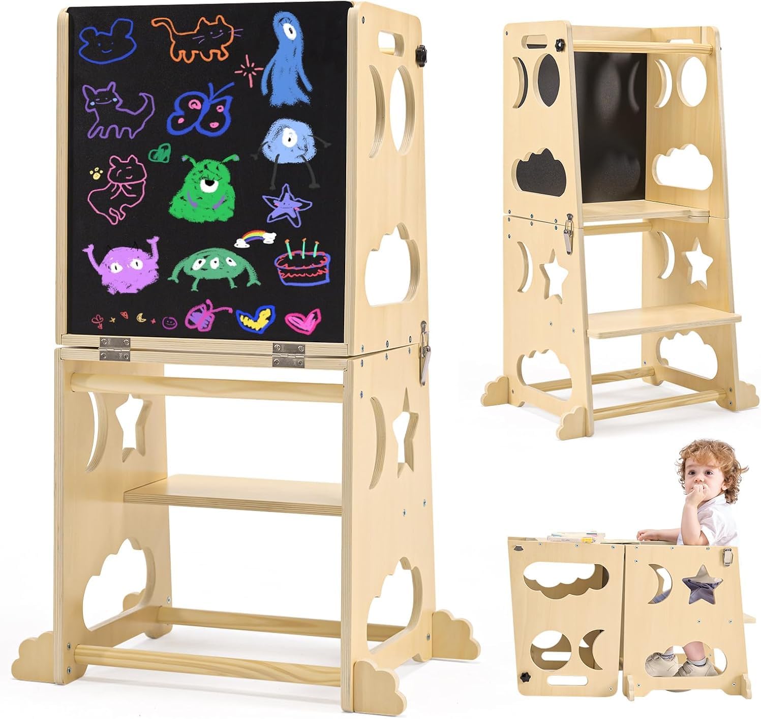 折りたたみ式幼児用キッチンタワー、安全レール付きベビーモンテ - Toddler Learning Tower のレビューと価格